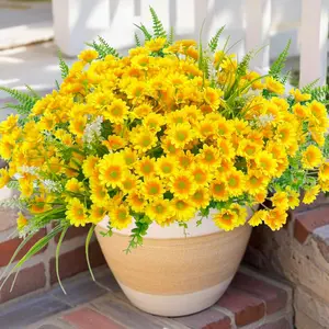 12pcs Outdoors Artificial Mum Flowers UV Resistant Daisy Fake Silk Chrysanthemum Greenery Faux Eucalyptus Plants for Spring Summer Garden Patio Window Box Planter Home Decor Artificial Flower Decoration