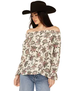 Wild Moss Women's Women'S Floral Print Long Sleeve Off The Shoulder Shirt - Imr207-W1520