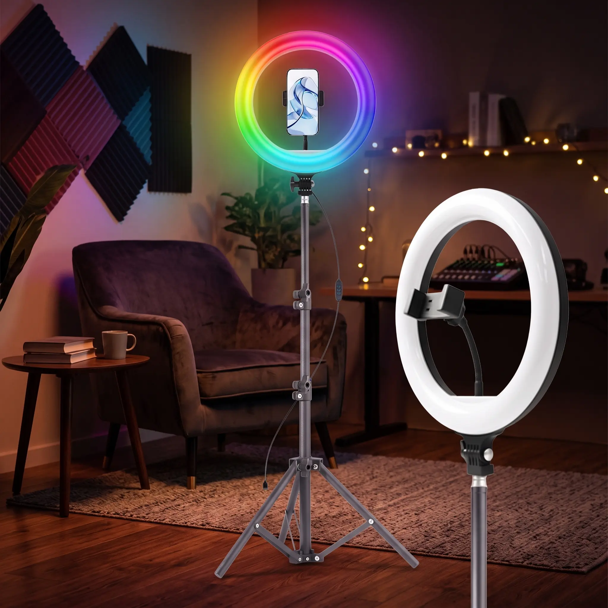 12-Inch RGB LED Selfie Ring Light with 1.6m Tripod, Remote Control, Desktop Holder for Smartphones, Cellphones, Mobile Devices – Colorful Photographic & Video Lighting Accessory, Cellphone makeup tutorial