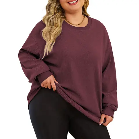 Eytino Women Plus Size Rib Knit Sweatshirts Long Sleeve Crew Neck Casual Oversized Soft Pullover Tops Shirts(1X-5X)