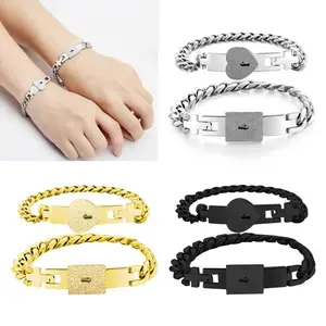 ORPHIC 2Pcs Lover Heart Love Lock Couple Bracelet with Lock Key Bangles Kit Romantic Gift for Adults Couple Jewelry Set