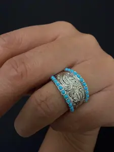 Turquoise Beaded Western Band Ring Vintage Silver Adjustable Boho Cowgirl Ring