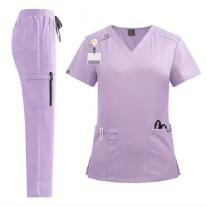 2 Piece Set Spa Uniform Women Scrubs Suit Short Sleeved V-neck Nursing Set Multicolor Pet Grooming Workwear