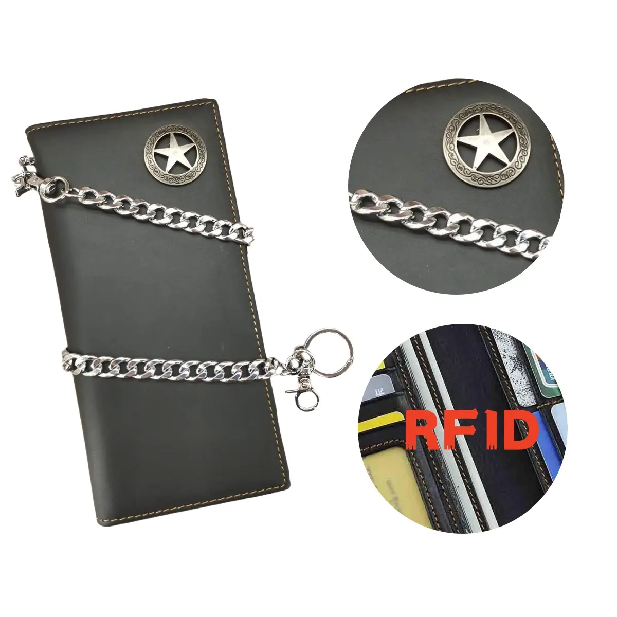 Men's RFID Blocking Motorcycle Wallet - Vintage Leather Long Wallet with Chain | Western Style Rocker Design for Bikers