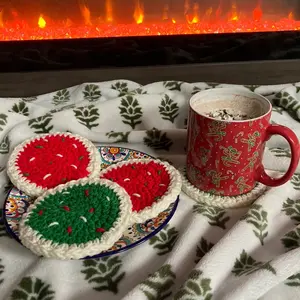 Crochet Holiday Cookie Coasters - Festive Red Green Design for Tea Coffee Cups and Drinks