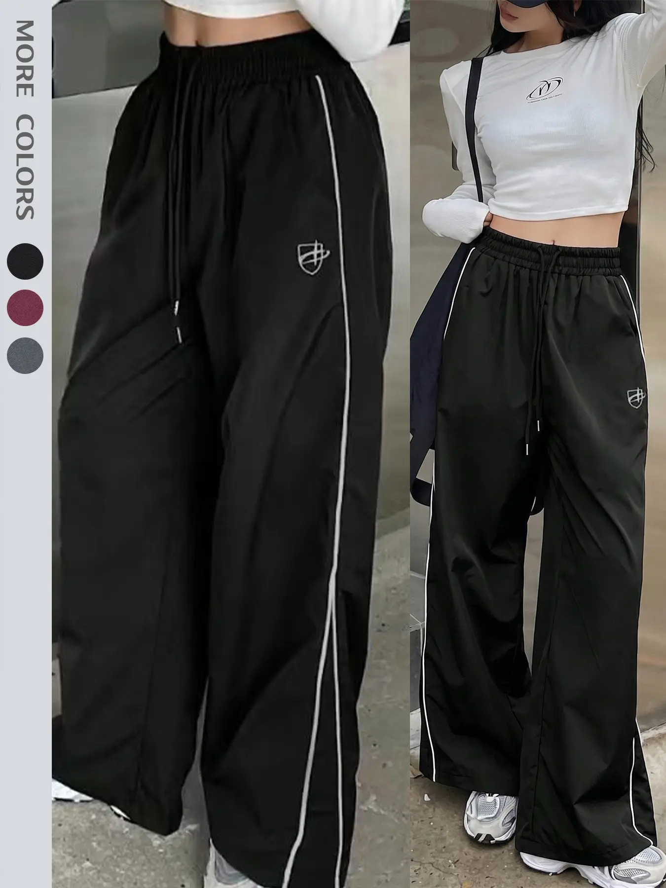 Women Loose Fitted Pants Casual Comfy Fit Elastic Drawstring Adjustable Waist Straight Leg Pants Trendy Color Block Edge Rolling Strip Desgin Daily Hiking Streewear Outdoor Activities Bottoms Spring Fall Winter Clothes Womenswear