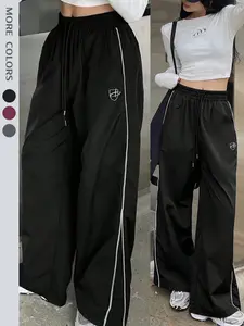 Women Loose Fitted Pants Casual Elastic Drawstring Waist Straight Leg Pants Trendy Color Block Edge Rolling Strip Desgin Daily Hiking Streewear Outdoor Activities Bottoms Spring Fall Winter Clothes