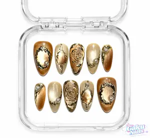 GakuNails CHAMPAGNE OPULENCE 10 PCS Medium Almond Handmade Press On Nails Builder Gel Gold Lining Champagne Gold Cateye Elegant Royal selectable size Reusable