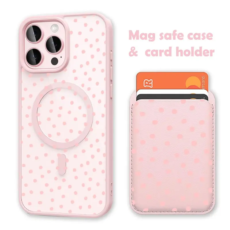 Pink Polka Dots Clear MagSafe Compatible Phone Case & Card Holder Wallet Magnetic Shockproof Cover for iPhone 17 /16 Pro Max Cases for Samsung S25 Black