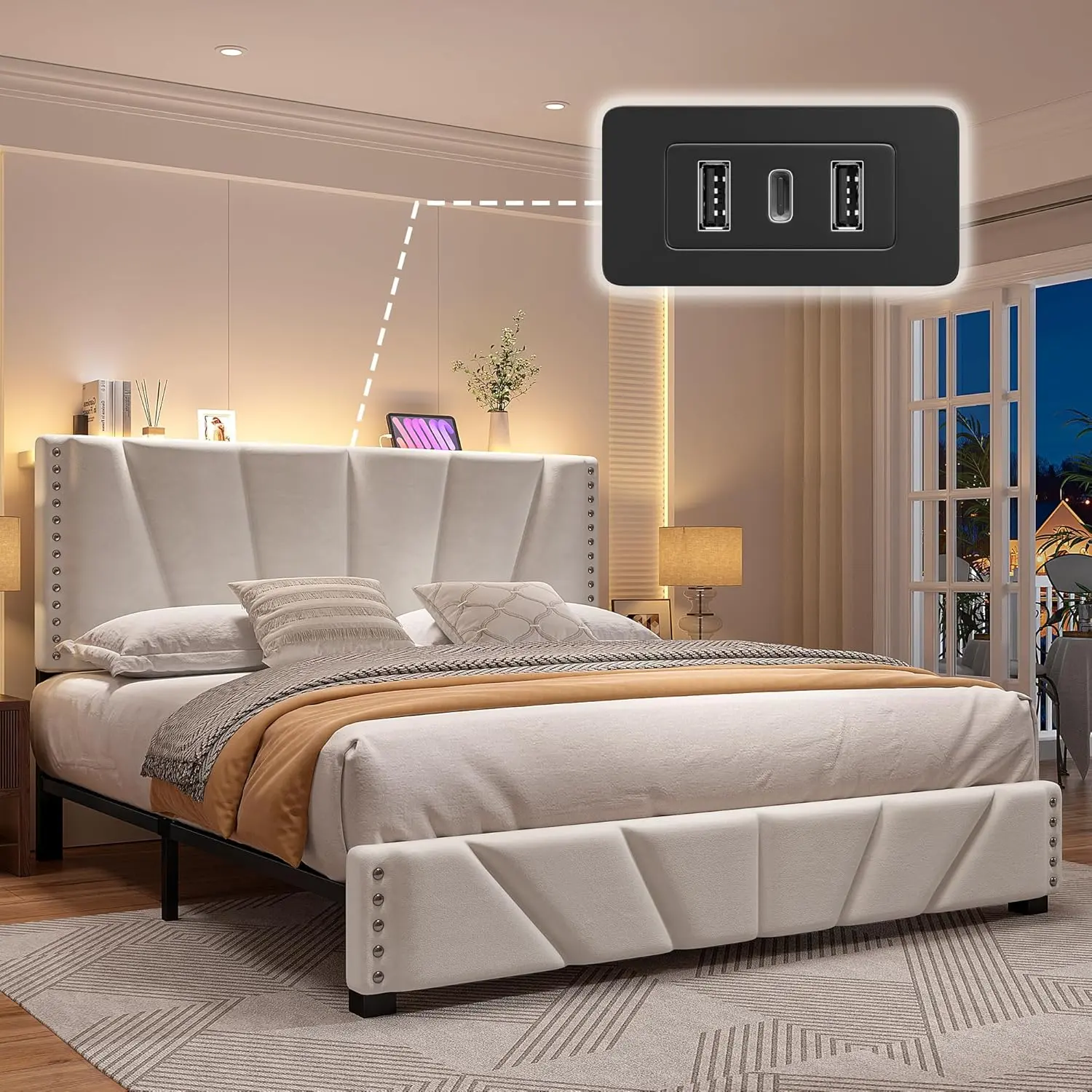 Raybee Upholstered Platform Bed Frame with LED Lights, Built-in USB & Power Outlet, Storage Headboard & 9.8" Under Bed Space, Noise-Free Metal Frame Holds 881LBS, No Box Spring Needed, Easy Assembly for Apartment, Bedroom, Dorms. #tiktokshopsummersale