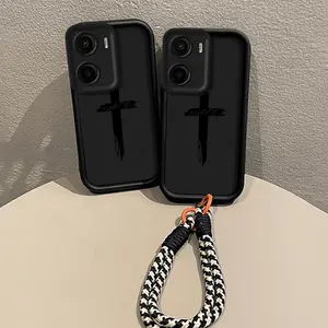 Black phone case, featuring a cross pattern and paired with a black and white double-clasp lanyard,suitable for Moto phone cases, Moto E series and G series, as well as 4G, 5G, Fusion, Edge series phone cases, with vibrant colors Accessories