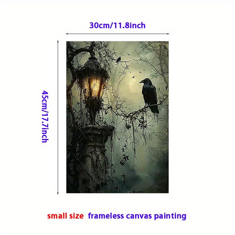 Mysterious Gothic Raven and Lantern Wall Art Canvas Print - Vivid Frameless Oil Painting Style Poster with Haunted Theme for Home, Office, Living Room, Bedroom Decor - Abstract Artwork with Rich Colors and Textured Finish