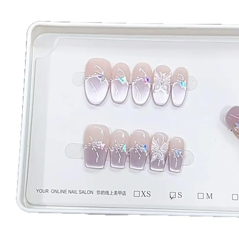 Your Online Nail Salon Hand-Painted Butterfly Shiny Halo False Nails Personalized Versatile Detachable Reusable Press-Type Acrylic Nail Patches Elegant Rhinestone Decorated