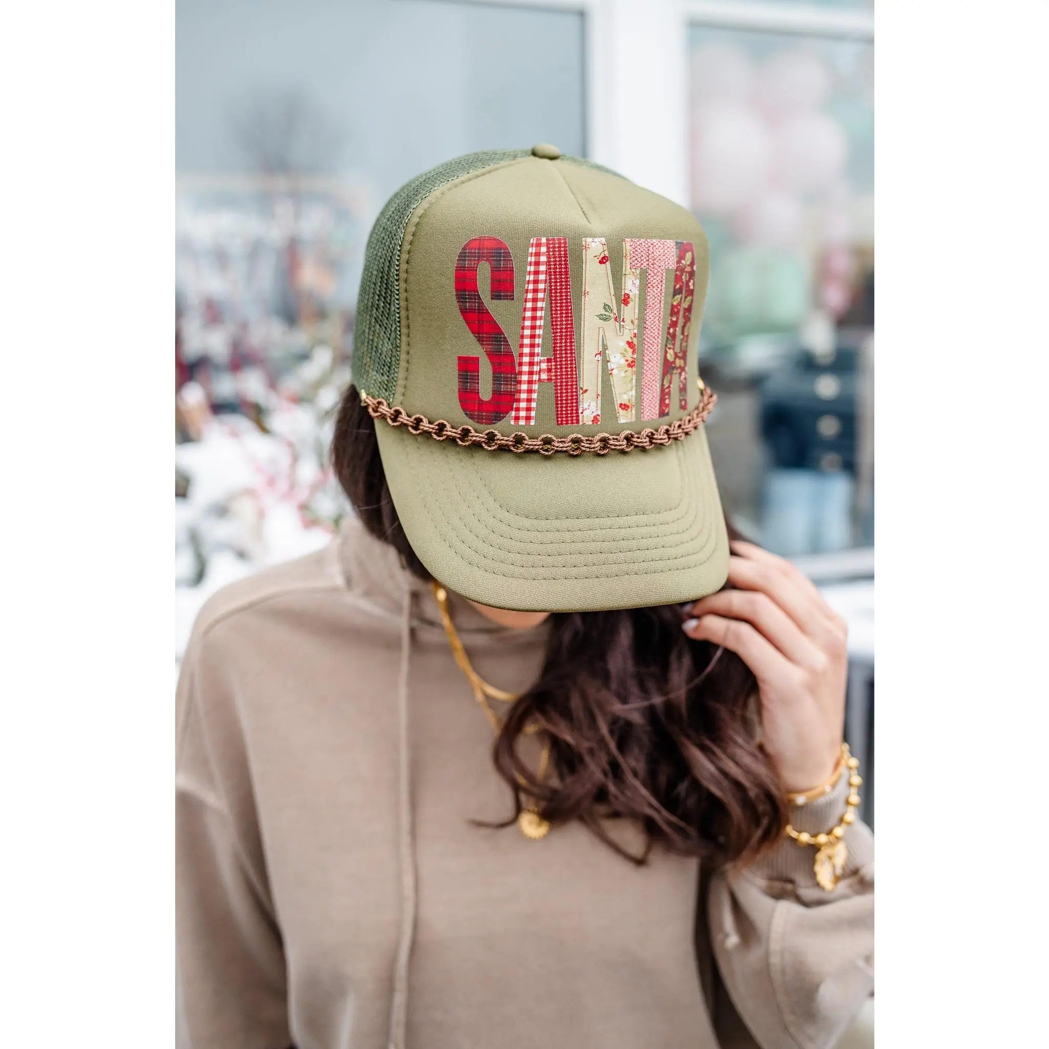 Handcrafted Holiday Patchwork Santa Trucker Hat with Floral, Plaid, Crafty Details & Chain - FINAL SALE