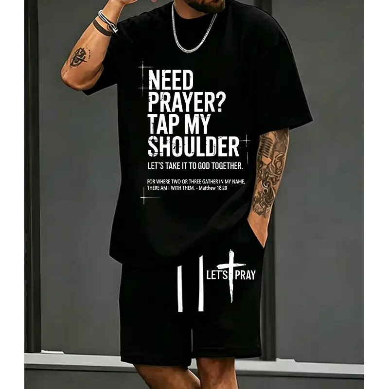 Men's Christian Faith 2-Piece Clothing Set - Matching Breathable Fabric Clothes, Printed Quote Bible Verse Matthew 18:20 Short-Sleeve Hoodie & T-Shirt, Casual Religious Inspirational Outfit for Fall Beach