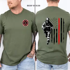 Thin Red Line Firefighter T-Shirt – American Flag Firefighter Graphic Tee, Tribute to First Responders, Casual Cotton Top, Patriotic Gift for Men