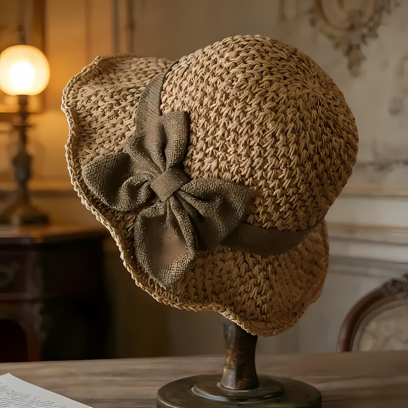 Vintage Woven Handmade Straw Hat with Ruffle Bow, Elegant French Style Sun Hat, Foldable & Breathable Beach Hat for Travel & Outdoor