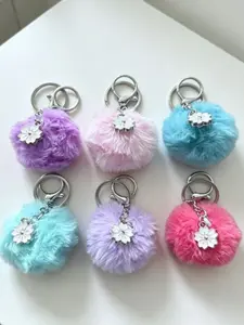 6-Piece Bohemian Style Ball Keychain Set, Plush Pom-Pom Bag Charm with Flowers, Multicolor Replica Accessories for Backpacks, Luggage, Keys