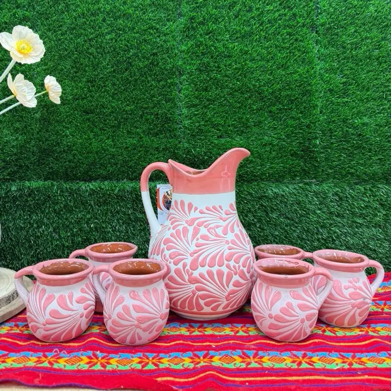 Relieve Pitcher Color Blanco Rosa Set Mug.