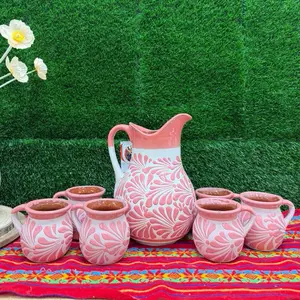 Relieve Pitcher Color Rosa Blanco Set Mug.
