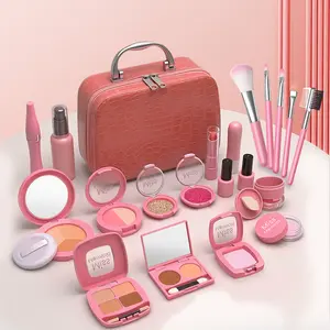 22-Piece Kid Pretend Makeup Set with Pink Crocodile Pattern Cosmetic Storage Bag, Unable to makeup, Realistic Model Design, Suitable for Ages 3+, Ideal Birthday, Holiday & Festival Gift for Girls' Role Play and Pretend Play Games.