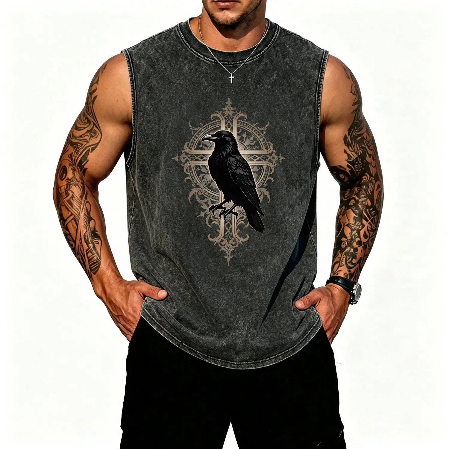 Crew Neck Sleeveless Vest with Black Raven Ornate Gothic Cross Detailed Design Elegant Gothic Style Vests for Men and Women Alternative Fashion Layering Top