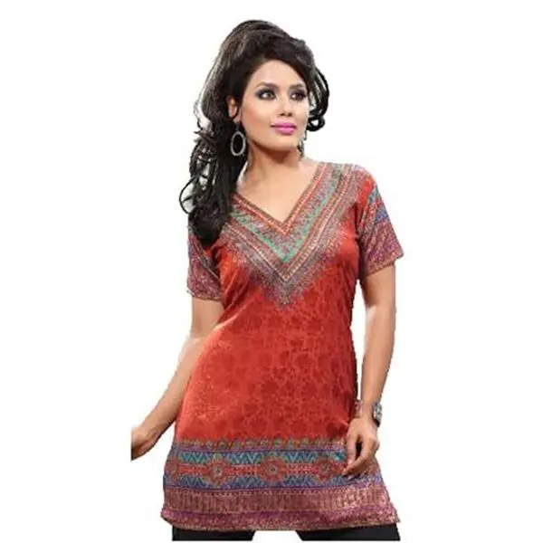 Indian Style Printed Kurtis for Women Short Crepe Kurti V-Neck, Short Sleeves Tunic Top Blouse. 1900-SS