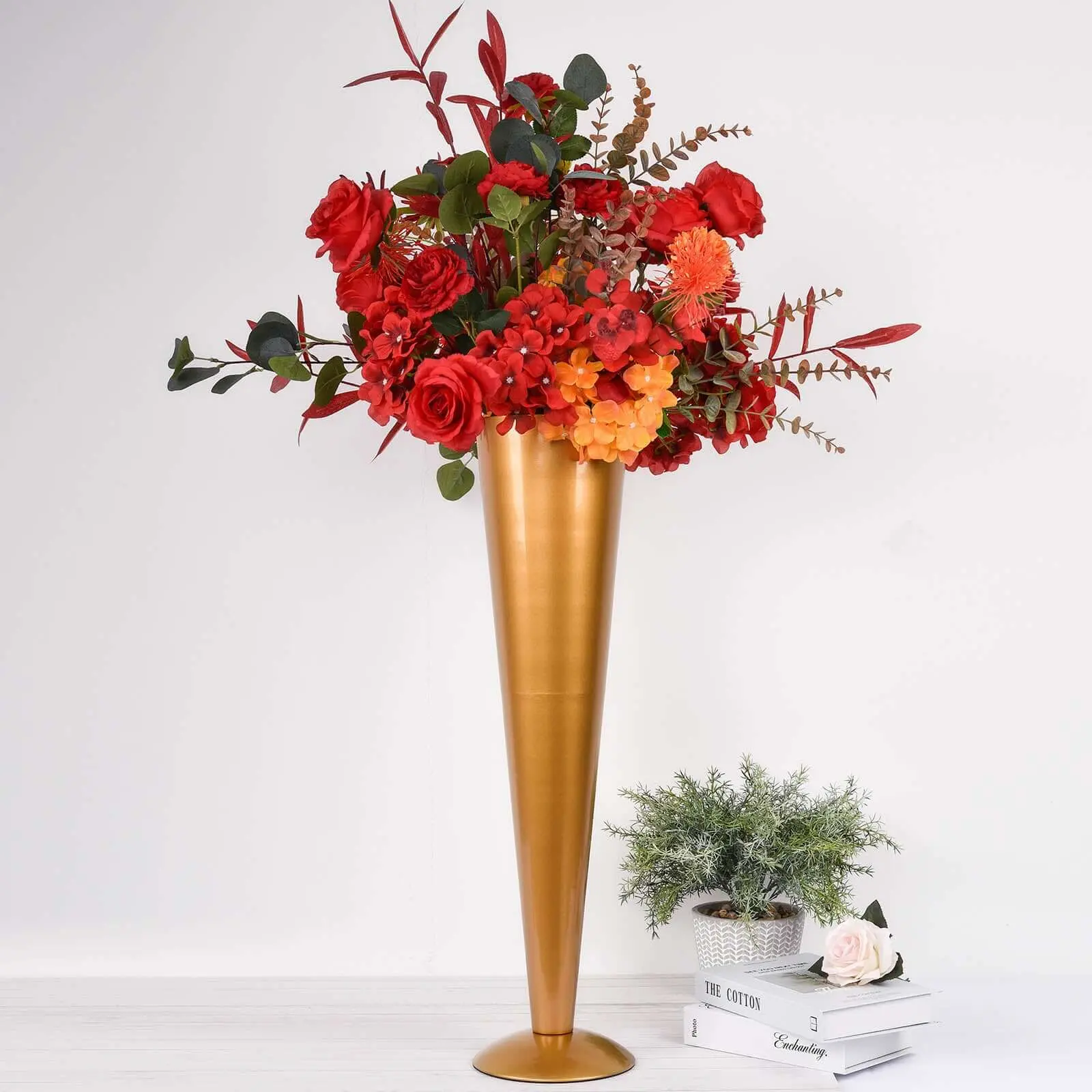 28 in Brushed Gold Metal Trumpet Decorative Vase - Luxe Look Centerpiece for Sophisticated Events, Ideal for Flower Arrangements, Artificial Flower Bouquets, Candle Display, Flower Arrangement Vase