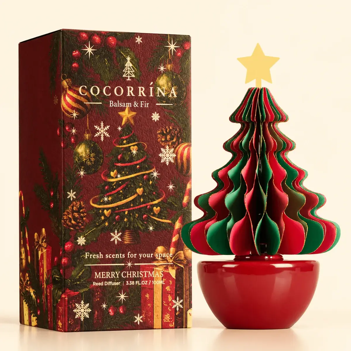 COCORRÍNA Honeycomb Paper Christmas Tree Diffuser - Balsam Fir 3.38 fl oz Scented Diffuser with 3D Paper Christmas Tree for Home, Bedroom Bathroom Shelf Decor, Christmas Gift, Housewarming Gift