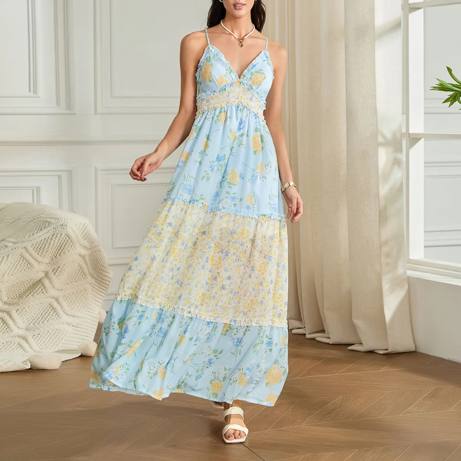 Women's Floral Print Cami Dress Sleeveless V Neck Flowy A Line Long Dress  Summer Party Dress - TikTok Shop