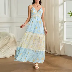 Women Spaghetti Strap Floral Maxi Dress, V Neck Ruffle Trim Smocked Waist Tiered Chiffon Flowy Long Summer Beach Sundress