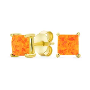 Simple Classic Opal Square Princess Cut Stud Earrings 14K Gold Silver 5MM