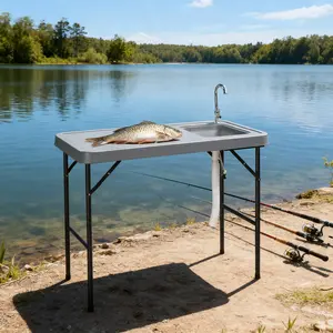 Folding Fish Cleaning Table, Folding Camping Kitchen Table with Sink Faucet, Outdoor 45'' Portable Foldable Camping Fish Station for Backyard, Picnic