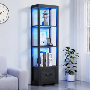 MIIFUNY Display Shelf with 3 Color Lights, Curio Cabinet for Collectibles with Drawer, Display Case with Human Body Sensor, Black