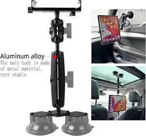 Aluminum Tablet Holder for All iPad, 360° adjustable Secure Double Suction Cup Mount for Car Truck Windshield,Sunroof, Compatible with iPad Pro 12.9 Mini Air, Galaxy Tabs and 4.7-15" Tablets