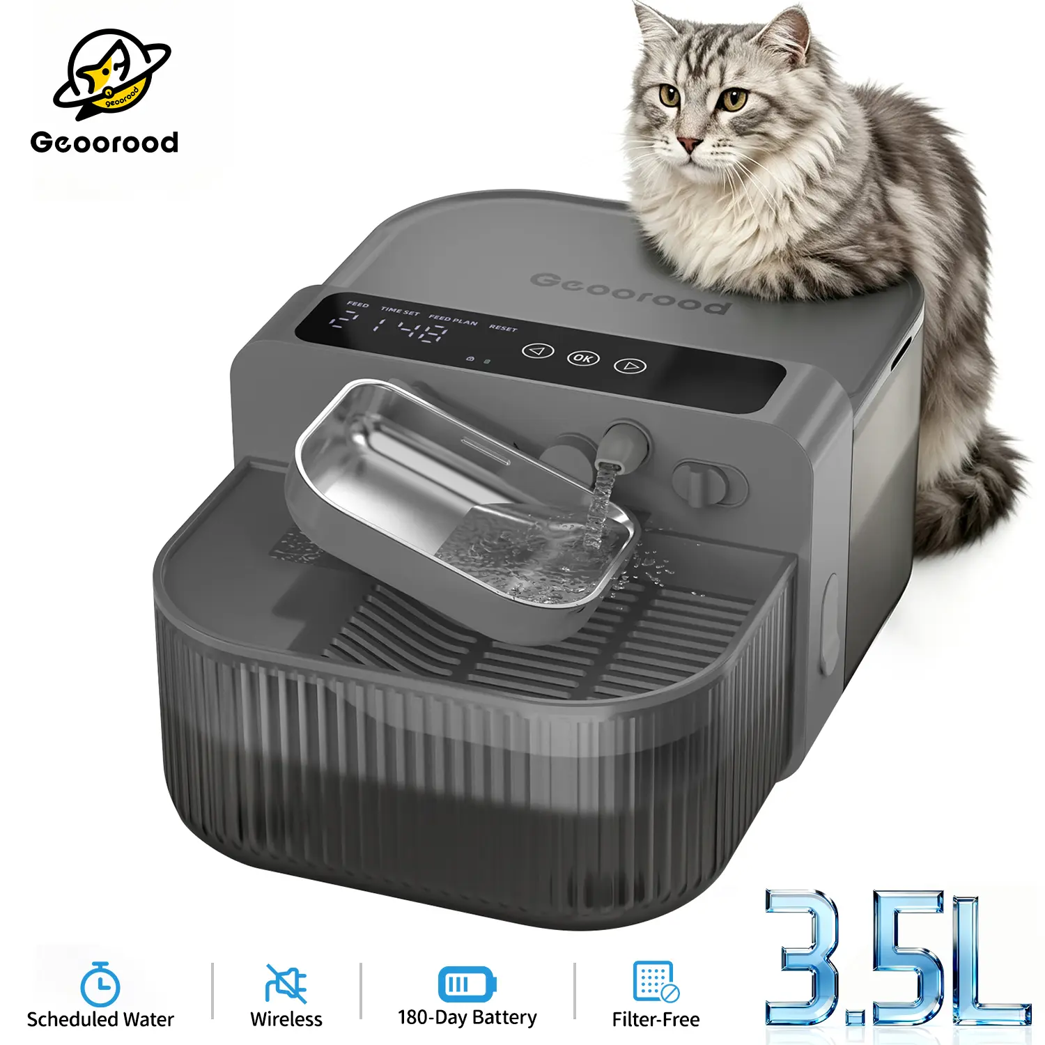 【Geoorood】Automatic Cordless Pet Water Fountain & Feeder - Wastewater Separation, Filter-free, 6-Month Rechargeable Battery, Stainless Steel Bowl, 3.5L+2L Tank, Auto Refill for Cats & Dogs, Automatic Water Feeder