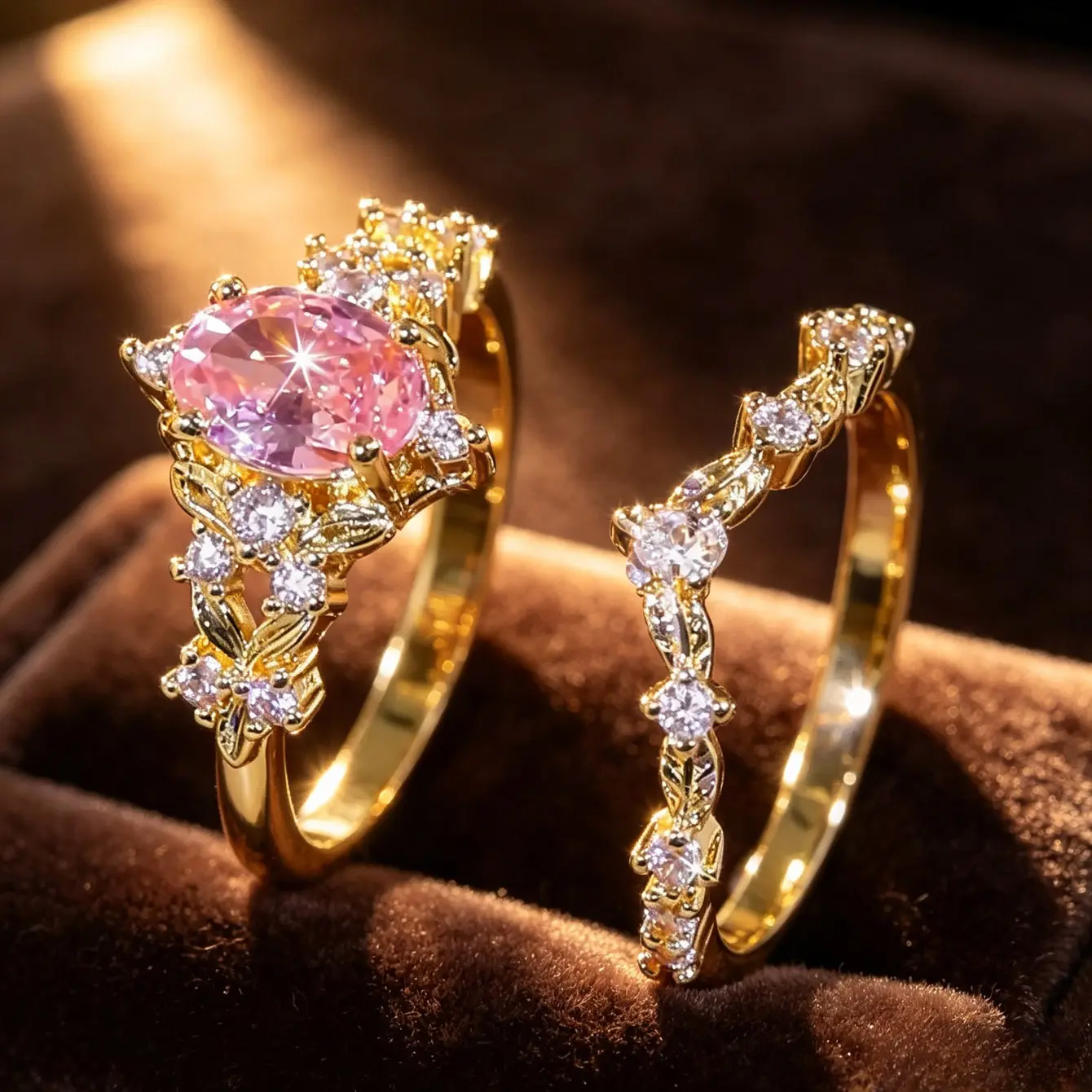 2Pcs Oval Floral Vine Bridal Ring Set for Women, Nature Inspired Leaf‑Vine Engagement Ring with Twisted Stack Band, Ornate Sparkling Inlaid Wedding Proposal Fashion Jewelry Gift