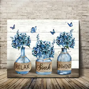 1 Piece Wooden Frame Blue Wooden Frame Canvas Country Bathroom Wall Art Narcissus, Inscription with Relaxing Bath Relaxing, Bedroom and Living Room Decoration, Bachelor Party Home Decoration 11.8 "X1.7"-Wrapped Canvas