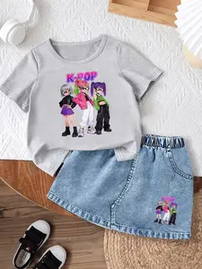 Cute Cool KPOP Girl Outfit for Kids ✨ Y2K Cartoon Graphic Tee and Denim Skirt Set Summer Girls Clothing Street Style Fashion Toddler Outfit Casual Trendy Kids Clothes Gift Idea for Little Girls Fashion Style Sets