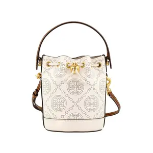 Women's Tory Burch T Monogram Leather Bucket Bag - Drawstring Closure, Double T Logo, Ivory White - Handbag Purse, Leather Crossbody Purses