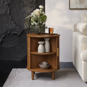 Modern Mid-Century Round Walnut Color Side Table with Sliding Tambour Door & Storage Shelf, Solid Wood Frame, and Metal Hardware Legs