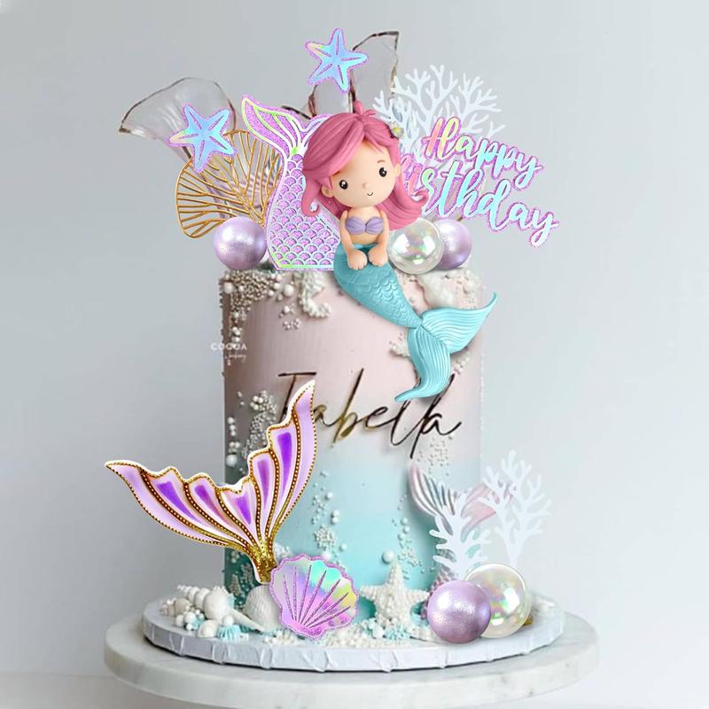 Mermaid cake toppers with 3d mermaid shell starfish fishtail balls for kids girls birthday party baby shower supplies style1