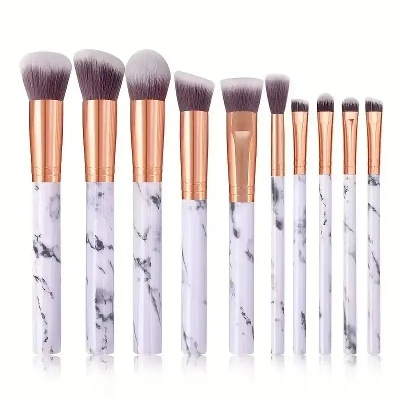 Nova Glam Essentials 10-Piece Marble Makeup Brush Set – Vegan Synthetic Kabuki Brushes for Foundation, Blush, Eyeshadow & More