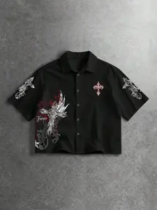 Unisex design, urban American retro style, ins-inspired fashion, Streetwear. Buttoned short casual Fitted Polo shirt with Gothic-style cross pattern print. Perfect for summer daily wear and trendy fashion items. Clothes