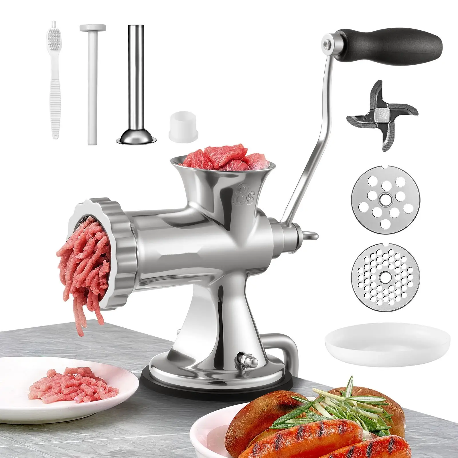 Manual Meat Grinder, 304 Stainless Steel Hand Crank Meat Mincer With Suction Cup And Steel Table Clamp, Sausage Maker, Includes Two Cutting Plates, Sausage Tube, Grinding Head For Beef, Pepper, Cookie, Easy To Clean, Home Kitchen