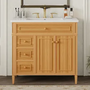 36" Bathroom Vanity with Sink, Wood Vanity Cabinet with Flip-Out Drawer, 3 Drawers, 2 Soft-Close Doors, Solid Wood & MDF, Elegant Rubber Wood Handles