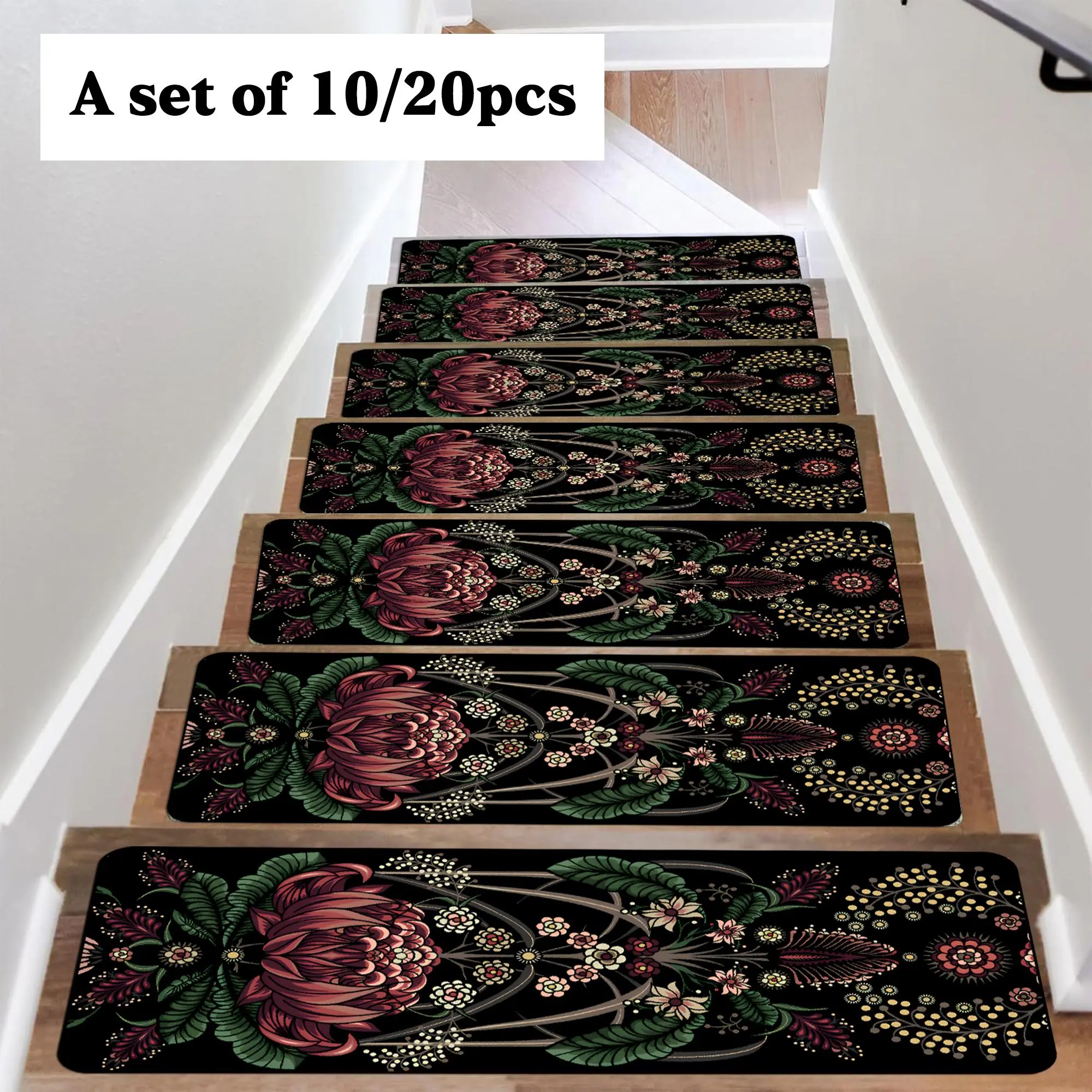 Floral Pattern Stair Mat, Non-slip Soft Stair Rug, Decorative Carpet for Home Living Room Bedroom Stairway, Decorative Rugs