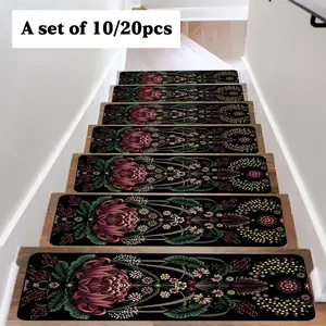 Floral Pattern Stair Mat, Non-slip Soft Stair Rug, Decorative Carpet for Home Living Room Bedroom Stairway