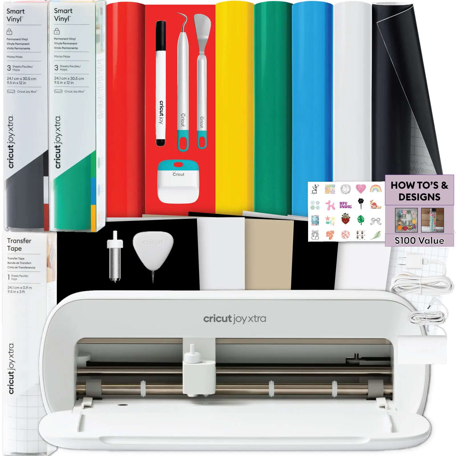 Cricut Joy Xtra Machine with Permanent Smart Vinyl Sampler Packs, Transfer Tape and Tool Set Bundle - Beginner Portable Cutting Machine and Matless Cutting Materials Kit, DIY Home Decor and Crafts