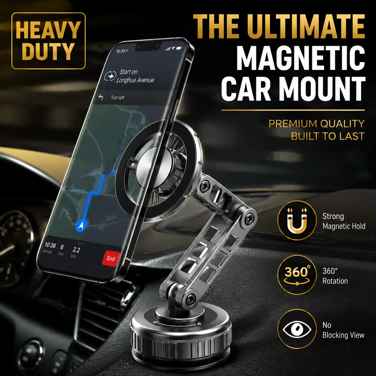 Heavy Duty Magnetic Car Phone Holder with Adjustable Mechanical Arm, 360° Rotating Vacuum Suction Cup Dashboard Mount, Premium Alloy Phone Stand for Car